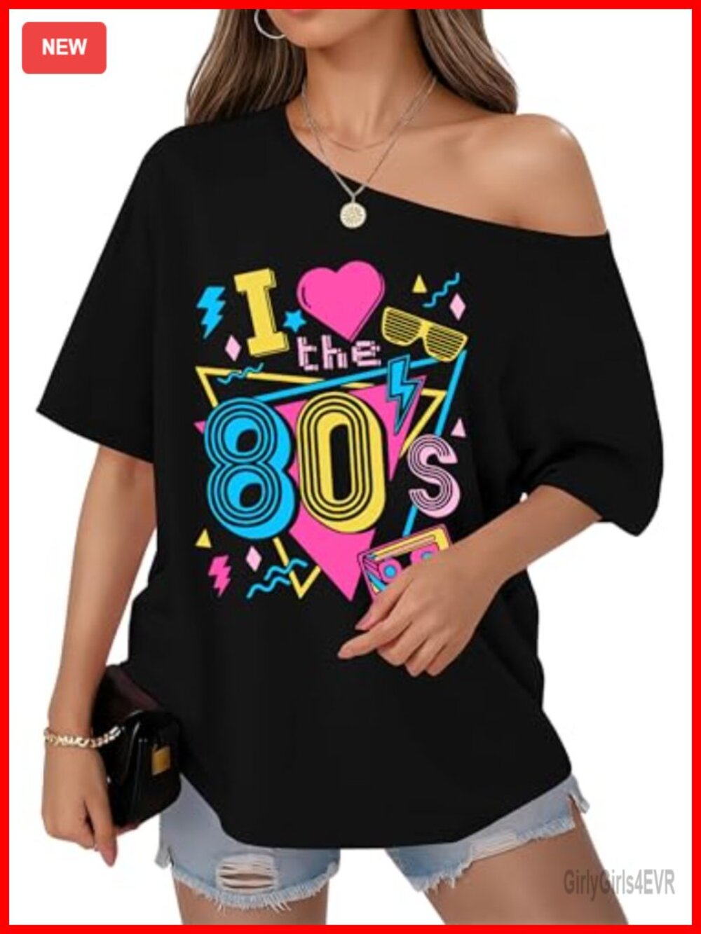Womens Off The Shoulder Retro 80s 90s Party T-Shirt Oversized Disco Top